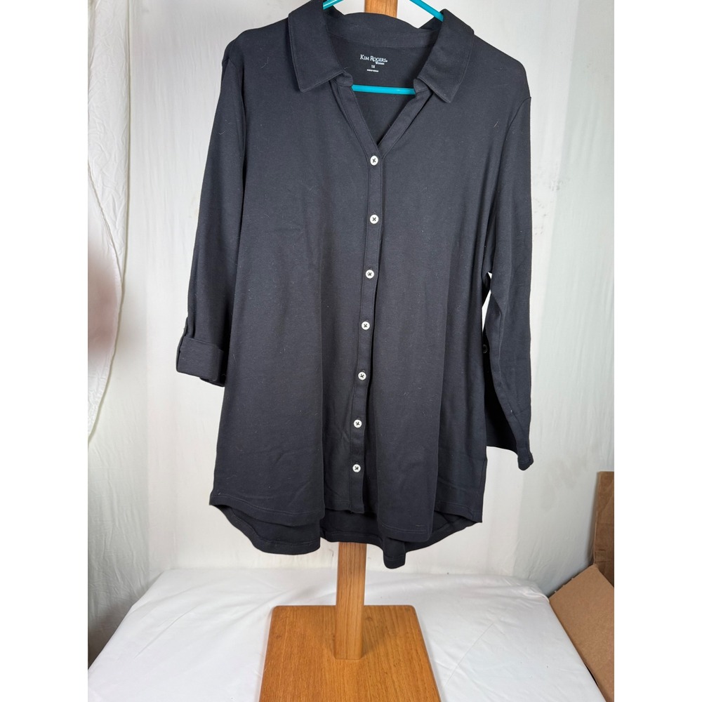 Kim Rogers‎ Woman Black Button Down Roll Tab Sleeve Tunic Top 1X